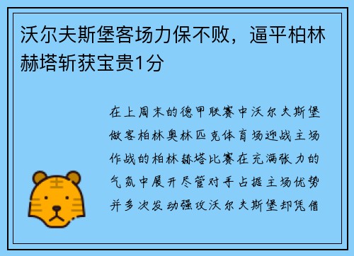 沃尔夫斯堡客场力保不败，逼平柏林赫塔斩获宝贵1分